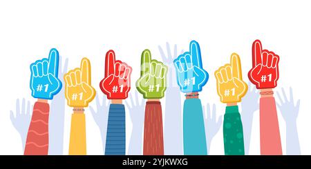 Doigts en mousse du ventilateur. Mains levées avec le gant numéro un, accessoire de fierté de supporter de stade, symbole de victoire de football. Meilleure équipe sportive acclamant, première pla Illustration de Vecteur