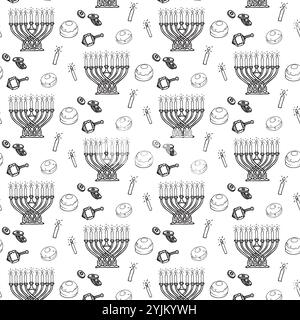 Hanukkah monochrome modèle sans couture. Ornement sans fin, silhouettes noires, Menorah, bougies, beignets, dreidel, pièces de monnaie. Illustration de Vecteur