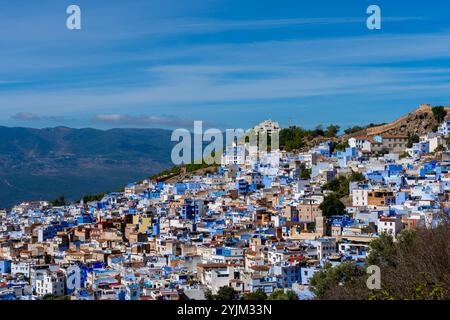 Vue panoramique de Blue City, Chefchaouen, Maroc, Afrique. Chefchaouen est une petite ville surnommée la « ville bleue ». Banque D'Images