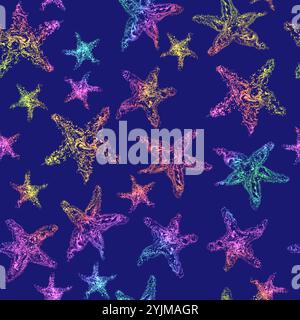 Motif étoile de mer coloré sur fond sombre, avec des textures vibrantes et tourbillonnantes. Pour les designs sur le thème de l'été, les vêtements de plage, les accessoires et la décoration intérieure Banque D'Images