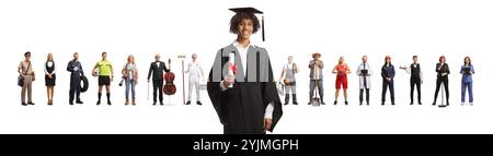 Étudiant afro-américain diplômé debout devant des personnes avec différentes professions isolées sur fond blanc Banque D'Images