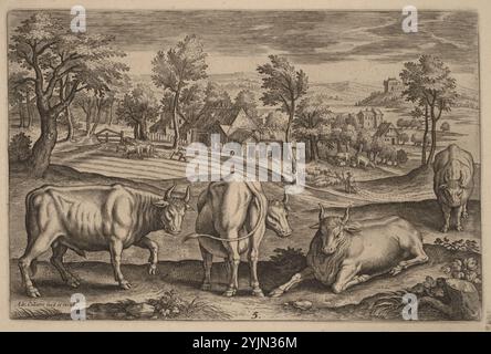 Four Bulls, c. 1597, Animalium Quadrupedum : pl.5 [New Holl. 1462-1481], gravure, New Hollstein, no. 1467, État i/ii, Adriaen Collaert (artiste) Netherlandish, c. 1560 - 1618 Banque D'Images