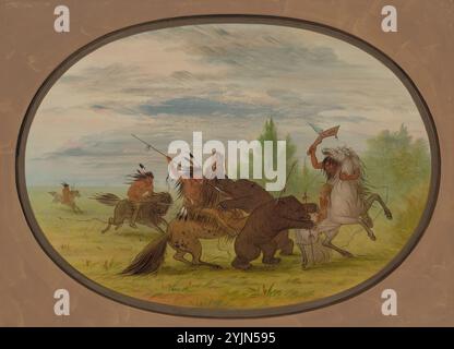 George Catlin, américain, 1796 - 1872, Indiens K'nisteneux attaquant deux grizzlis, 1861, 1869, huile sur carte montée sur carton, total : 47,3 x 63,5 cm (18 5, 8 x 25 po Banque D'Images