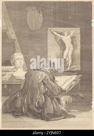 Le dessinateur (le dessinateur), 1757, gravure, feuille (rognée à la plaque) : 30,3 x 21,8 cm (11 15/16 x 8 9/16 po.), Portalis/Beraldi 1880, no. 7, preuve d'État avant lettres, Jean-Jacques Flipart (artiste) français, 1719 - 1782, Jean Siméon Chardin (artiste d'après) français, 1699 - 1779 Banque D'Images