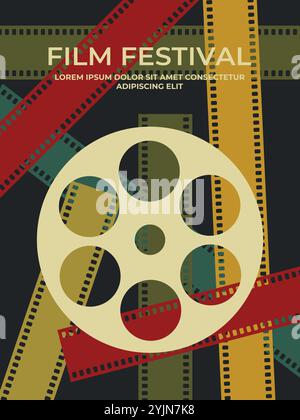 Conception de modèle d'affiche rétro de festival de film avec des bandes de film colorées. Concept de cinéma de film. Illustration vectorielle Illustration de Vecteur