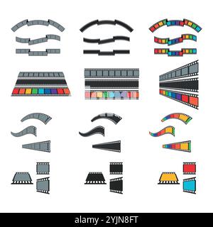 Ensemble de différentes bandes de film de forme et de couleur. Bandes de film incurvées et ondulées, noires et colorées isolées sur fond blanc. Illustration vectorielle Illustration de Vecteur