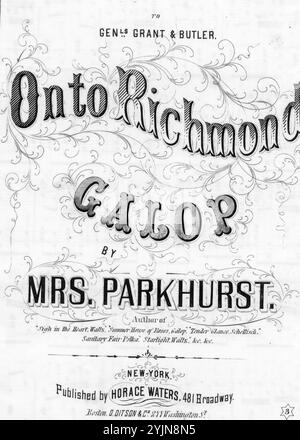 Sur Richmond, galop, Parkhurst, E. A. (compositeur), Horace Waters, New York, 1864., États-Unis, histoire, Guerre civile, 1861-1865, chansons et musique, musique pour piano, Galops, États-Unis, histoire, Guerre civile, 1861-1865, campagnes, chansons et musique, Richmond (Virginie), histoire, Guerre civile, 1861-1865, chansons et musique, Grant, Ulysses S. (Ulysses Simpson), 1822-1885, Songs and Music, Butler, Benjamin F. (Benjamin Franklin), 1818-1893, Songs and Music, Popular Songs of the Day, Songs and Music, War and Conflict, civil War and reconstruction (1861-1877), Music Associated with the Union Side, top of pp. 1 & 2 Banque D'Images