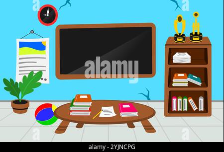 vecteur salle de classe vide et quelques livres, balle, tableau noir, illustration de trophées Illustration de Vecteur