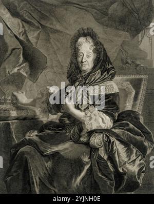 Drevet, Pierre, inventeur : Hyacinthe Rigaud, oeuvre, Marie d'Orléans de Savoie, Duchesse de Nemours (planche 1705), 1707, gravure sur cuivre, graphisme, dimensions : largeur de la planche 31,6 cm, hauteur de la planche 40,9 cm Banque D'Images