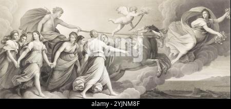 Dinger, Fritz, inventeur : Guido Reni, travail, Aurora, D'après Guido Reni, copie non datée, gravure sur cuivre, graphique, MYTHOLOGIE, antiquité, SCÈNE, aurore, procession, chevaux, largeur de la feuille 84 cm, hauteur de la feuille 38 cm, largeur de l'image 83,5 cm, hauteur de l'image 37 cm Banque D'Images