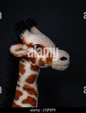 Cou et tête d'un jouet de girafe en peluche sur un fond noir. Save african Wildlife concept. Banque D'Images