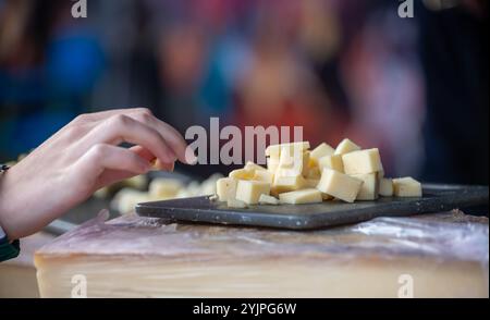 Dégustation de différents fromages à pâte dure dans la fromagerie italienne, dégustation de cubes à bord Banque D'Images