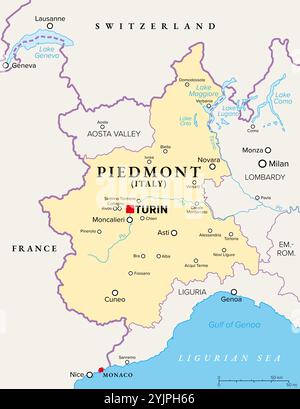 Région du Piémont dans le nord-ouest de l'Italie, carte politique. Deuxième plus grande région italienne avec la capitale Turin. Banque D'Images