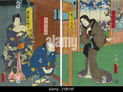 Kunisada, B, œuvre, acteurs Ichikawa Danzo VI, Nakamura Fukusuke et Enjaku dans la pièce Irifune Soga Nihon no torikachi (le clan Soga conquiert le Japon), 1857, estampe couleur, majeur : graphisme Banque D'Images