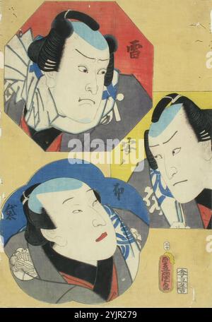 Kunisada, travail, acteurs Ichikawa Danzo VI, Ichikawa Kuzo et Nakamura Fukusuke dans la pièce Somewake Momiji no Edo-tsuma (la femme Edo dans la couleur de l'automne), 1858, gravure sur bois couleur : gravure sur bois couleur, graphisme Banque D'Images