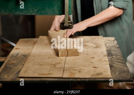 Une femme charpentier habile travaille avec diligence sur une planche de bois dans son atelier, mettant en valeur son savoir-faire. Banque D'Images