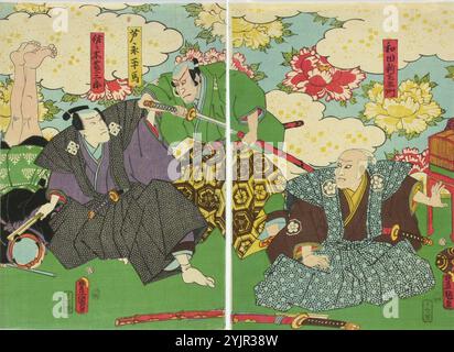 Kunisada, B, travail, acteurs Ichikawa Danzo VI et Bando Hikosaburo(?) Dans la pièce Kazashi no hana Megumi no Takatsuna (fleur dans les cheveux de Takatsuna), 1857, dessin sur bois : dessin sur bois, graphisme Banque D'Images