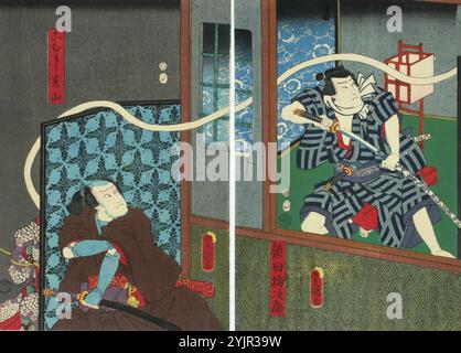 Kunisada, B, œuvre, acteurs Kataoka Ichizo et Ichikawa Danzo VI dans la pièce Kasane ogi Chiyo no matsuwaka (The Thousand Year Wait), 1857, gravure sur bois colorée, graphisme Banque D'Images