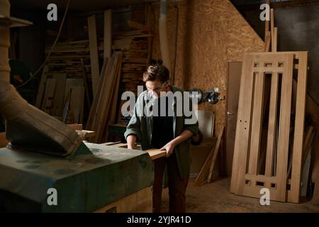 Dans un atelier bien organisé, une charpentière talentueuse se concentre intensément sur le façonnage de pièces en bois avec précision. Banque D'Images