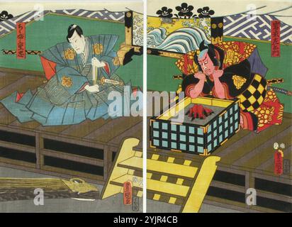 Kunisada,C, travail, acteurs Ichikawa Danzo VI et Ichikawa Ichizo dans la pièce Dan-no-ura Kabuto gunki (bataille de Dan-no-ura), 1857, gravure sur bois couleur, catégorie majeure : graphisme Banque D'Images