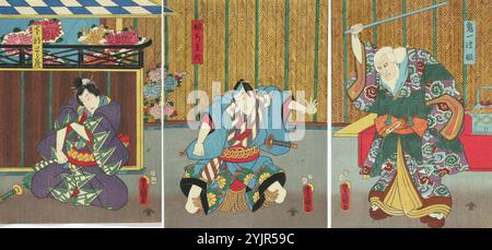 Kunisada, B, C, œuvre, acteurs Ichikawa Danzo VI, Kataoka Ichizo et Nakamura Fukusuke dans la pièce Ki-ichi Hogen sanryaku no maki (manuel d'arts martiaux de Ki-ichi Hogen), collection : Antell, 1857, gravure sur bois en couleur, graphisme Banque D'Images