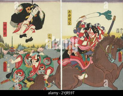 Kunisada, B, œuvre, acteurs Ichikawa Danzo VI, Nakamura Fukusuke et Kataoka Ichizo dans la pièce Irifune Soga Nihon no torikachi (le clan Soga conquiert le Japon), 1857, gravure sur bois en couleur, majeur : graphisme Banque D'Images