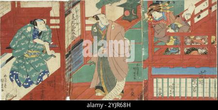 Kunisada, B, C, travail, acteurs Iwai Shijaku, Onoe Kikugoro III et Seki Sanjuro II dans la pièce Kanadeho chusingura (vassaux fidèles), 1837, technique : gravure sur bois couleur, graphisme Banque D'Images