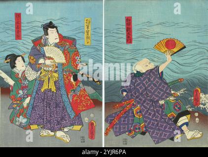 Kunisada, B, travail, acteurs Ichikawa Danzo VI, Kataoka Ichizo et Bando Tamasaburo dans la pièce Kazashi no hana Megumi no Takatsuna (Fleur dans les cheveux de Takatsuna), 1857, gravure sur bois en couleur, majeur : graphiques Banque D'Images