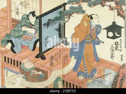 Kunisada, B, œuvre, acteurs Bando Mitsugoro III, Kataoka Ichizo et Seki Sanjuro II dans la pièce Kanadeho chusingura (vassaux fidèles), 1830, gravure sur bois colorée, graphismes Banque D'Images