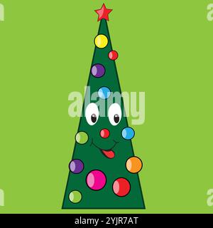 Joli arbre de Noël en forme de triangle avec les yeux et la bouche et les boules de Noël Illustration de Vecteur