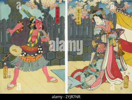 Kunisada, C, travail, acteurs Onoe Kikugoro IV et Ichikawa Kodanji IV dans la pièce Utsunoya toge (route de montagne Utsunoya), (1855 - 1860), impression sur bois couleur, graphiques Banque D'Images