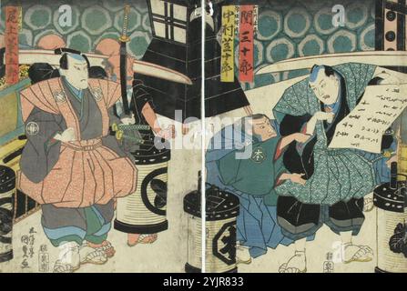 Kunisada, B, œuvre, acteurs Nakamura Shibajuro, Seki Sanjuro II et Onoe Kikugoro III, dans la pièce Kanadeho chusingura (vassaux fidèles), 1837, impression sur bois couleur, graphisme Banque D'Images