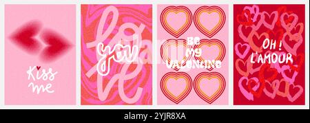 Carte de voeux de Saint-Valentin ou collection d'affiches avec des coeurs, des citations et des textures dans les couleurs rose et rouge. Effet granuleux ajouté Illustration de Vecteur