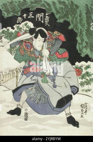 Kunisada, œuvre, acteur Seki Sanjuro II dans la pièce ISE heishi ume no mitekura (Un prunier offert aux dieux), 1820, gravure sur bois colorée, graphisme Banque D'Images