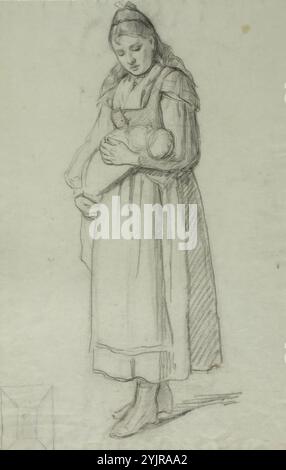 Becker, Adolf von, travail, fille portant un enfant emmailloté dans ses bras, fusain, dessin, FIGURE, femme, corps entier, enfant, bébé, 47,5 cm x 30,5 cm Banque D'Images