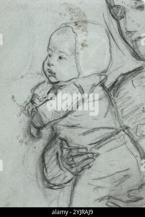 Becker, Adolf von, travail, bébé sur le bras d'une femme, croquis non daté, craie noire, reflets blancs, dessin, FIGURE, enfant, bébé, coup de genou, demi-profil, 16 cm x 11 cm Banque D'Images