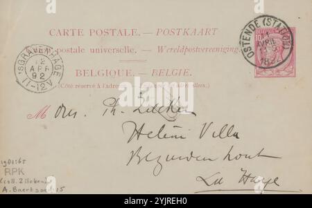 Carte postale à Philip Zilcken, carte postale, écrivain : Albert Baertsoen, Ostende, au plus tard le 11 avril 1892, encre carton, écriture, stylo, Philip Zilcken Banque D'Images