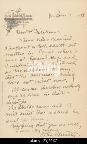 Lettre à Philip Zilcken, lettre, imprimé, écrivain : John Wesley Beatty, Paris, 7 juin 1898, encre papier, écriture, stylo, imprimerie, Philip Zilcken Banque D'Images