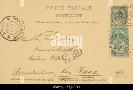 Carte postale à Philip Zilcken, carte postale, écrivain : Pol de Mont, Anvers (ville), dans ou avant le 11 Oct 1895, carton encre, écriture, stylo, personnages historiques (portraits et scènes de la vie), arts graphiques, Philip Zilcken, Jan Toorop, Antoon Derkinderen, Jan Veth Banque D'Images