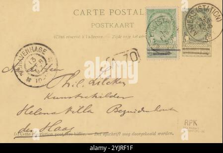 Carte postale à Philip Zilcken, carte postale, écrivain : Pol de Mont, Anvers (ville), dans ou avant le 13 février 1897, encre carton, écriture, stylo, photographie, cinématographie, Paris, Philip Zilcken, Jan van Beers (peintre), Geïllustreerd Maandschrift d'Elsevier Banque D'Images