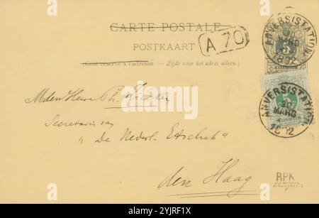 Carte postale à Philip Zilcken, carte postale, écrivain : Pol de Mont, Anvers (ville), au plus tard le 30 mars 1892, encre carton, écriture, stylo, exposition, art, photographie, cinématographie, Anvers (ville), Philip Zilcken, cercle artistique et littéraire (Anvers), Nederlandsche Etsclub, Haagse Kunstkring Banque D'Images