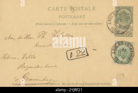 Carte postale à Philip Zilcken, carte postale, écrivain : Pol de Mont, Anvers (ville), au plus tard le 30 octobre 1898, encre carton, écriture, stylo, illustration, matière imprimée, livre, matière imprimée, Philip Zilcken, Albert Plasschaert, Charles Doudelet, Franz Melchers, Albert Baertsoen, Jules Lagae, Edmond Van Offel Banque D'Images