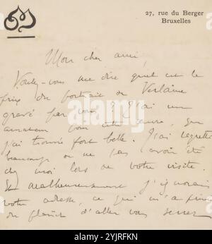 Lettre à Philip Zilcken, monogramme, imprimé : 'OM', avec une ligne horizontale., écrivain : octave Maus, Bruxelles (ville), 30-juin-1893, encre papier, écriture, plume, imprimerie, personnages historiques (portraits et scènes de la vie), arts graphiques, Philip Zilcken, Paul Verlaine Banque D'Images