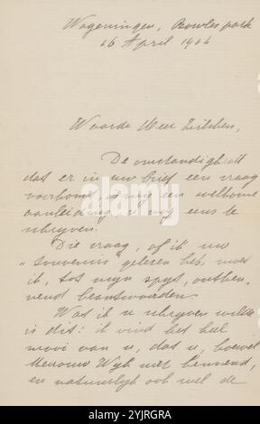 Lettre à Philip Zilcken, lettre, écrivain : L. Weitzel, Wageningen, 16 avril, 1904, encre de papier, écriture, stylo, imprimés, Philip Zilcken Banque D'Images