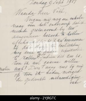 Lettre à Jan Veth, lettre, écrivain : August Allebé, 9 septembre 1917, encre de papier ligné, écriture, stylo, arts graphiques, imprimés, Jan Veth, Simon Moulijn Banque D'Images