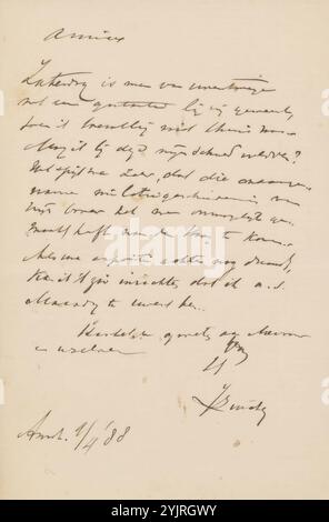 Lettre à Philip Zilcken, écrivain : Jan Zürcher, Amsterdam, 9 avril 1888, encre de papier, écriture, stylo, vie de famille, exposition, art, Den Haag, Philip Zilcken Banque D'Images