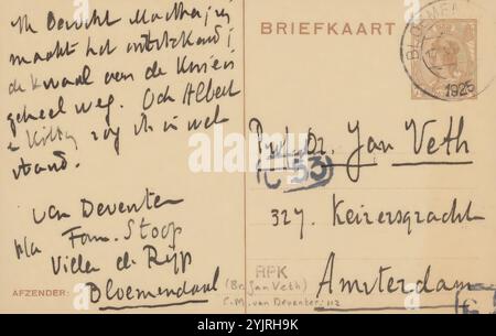 Carte postale à Jan Veth, carte postale, écrivain : chap van Deventer, Bloemendaal, 17-juin-1925, encre carton, écriture, Pen, maladies, Jan Veth, Martha van Vloten, Albert Verwey, Kitty van Vloten Banque D'Images