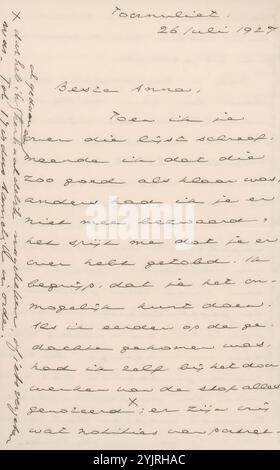 Lettre à Anna Dorothea Dirks, imprimé, écrivain : Johan Huizinga, Middelburg, 26-Jul-1927, encre sur papier, écriture, plume, personnages historiques (portraits et scènes de la vie), Anna Dorothea Dirks, Hermanus Diedericus Tjeenk Willink (1843-1917 Banque D'Images