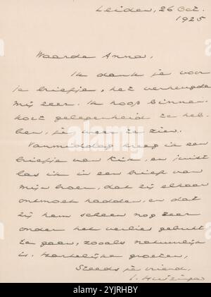 Lettre à Anna Dorothea Dirks, écrivain : Johan Huizinga, Leyde, 26 octobre 1925, encre papier, écriture, stylo, vie de famille, Anna Dorothea Dirks Banque D'Images