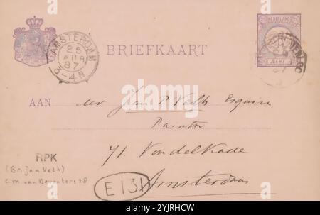 Carte postale à Jan Veth, carte postale, écrivain : chap van Deventer, Dordrecht, 25-août-1887, encre carton, écriture, Pen, sujet, Goes, Dordrecht, Jan Veth Banque D'Images